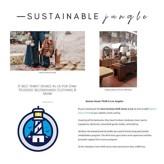 A collage featuring a group browsing clothes in a thrift store, a cozy thrift shop interior, and an illustrated lantern logo. Text lists top LA thrift stores, highlighting Beacon House Thrift’s unique donations and community support.